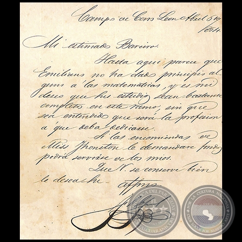 CARTA DE FRANCISCO SOLANO LPEZ A CNDIDO BAREIRO, ABRIL 1864
